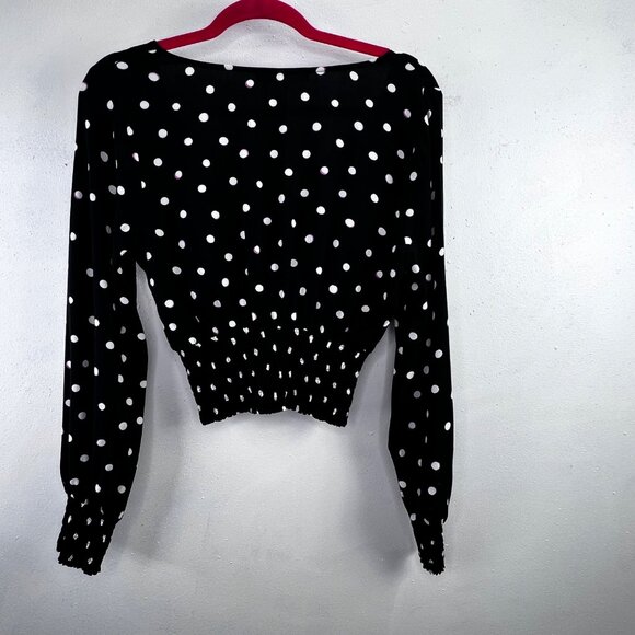 Abercrombie & Fitch Polka Dot Crop Top S Black Smocked V Neck Long Sleeve Blouse - Picture 5 of 7